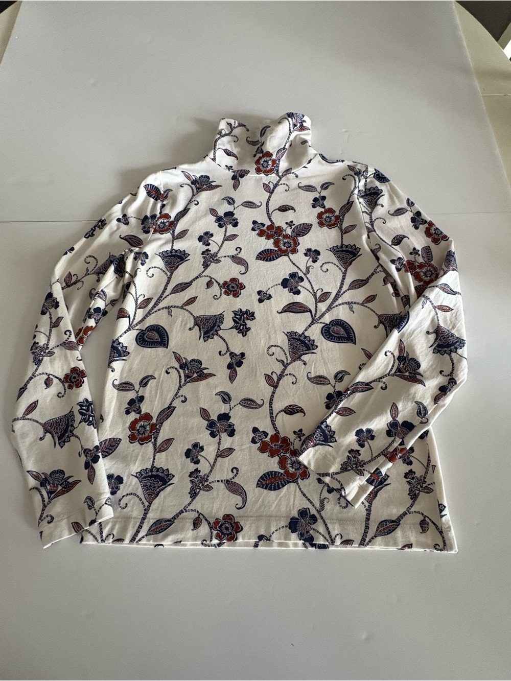 LOFT Cream Mock Neck Top with Navy and Rust Floral Accents